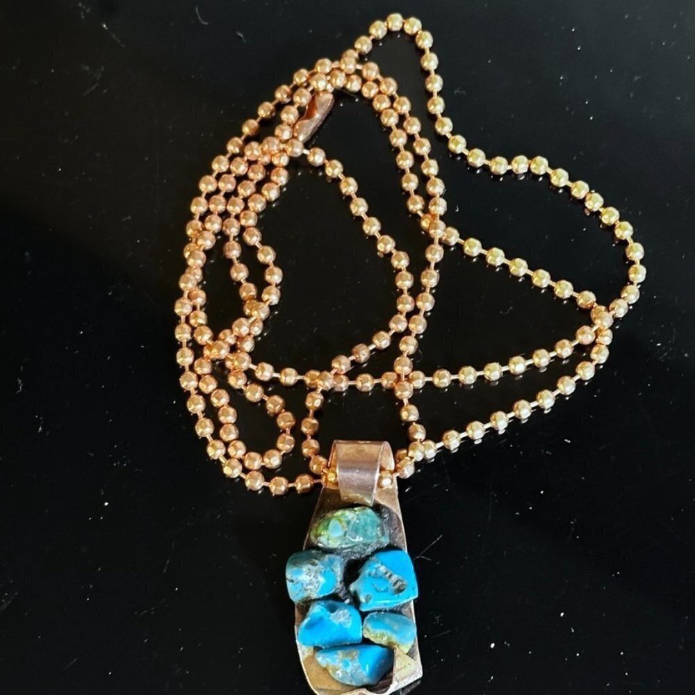 Kingman Turquoise Copper Pendant Necklace Brutalist Handmade NWT Gift Inlaid - Picture 5 of 7